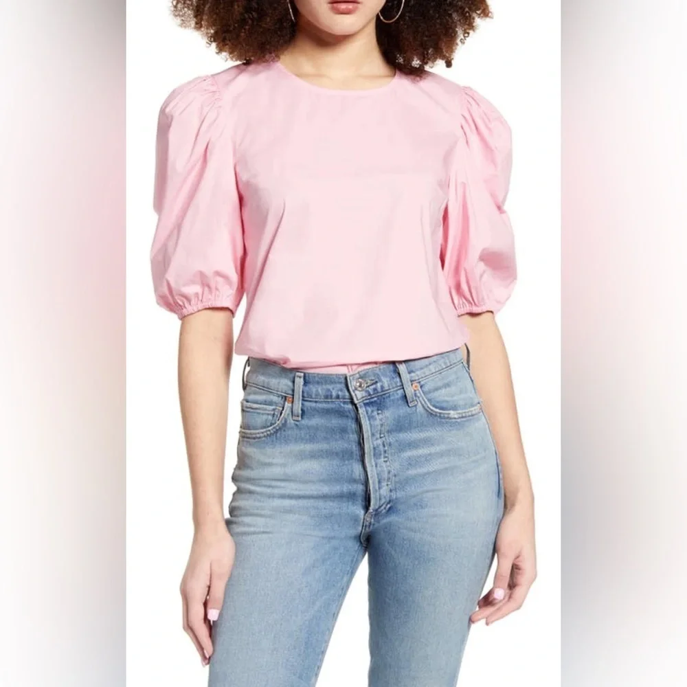 NEW English Factory Pink Poplin Puffed Sleeve Top Sz Small